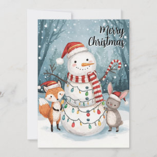 Aquarell-Schneemann Fuchs Hase Wald-Weihnachten Feiertagskarte