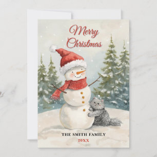 Aquarell-Schneemann Süße Katze Weihnachten Einladung