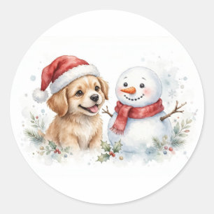 Aquarell-Schneemann-Welpen-Weihnachtsaufkleber Runder Aufkleber