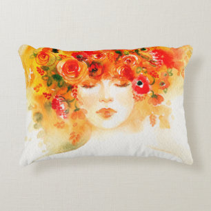 Aquarell schöne Frau mit Kranz Dekokissen