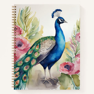 Aquarell schöner Pfau zwischen Blumen Notizblock