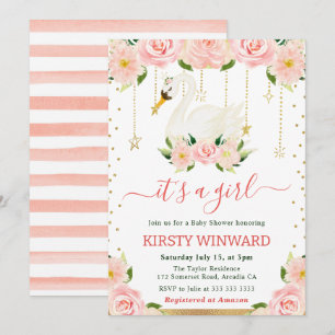 Aquarell-Schwan-Mädchen-Baby-Party mit Blumen Einladung