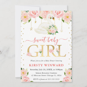 Aquarell-Schwan-Mädchen-Baby-Party mit Blumen Einladung
