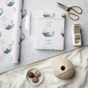 Aquarell-Schwäne und Hochzeitsdatum Geschenkpapier