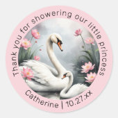 Aquarell Schwanensee Pink Lotus Florale Babydusche Runder Aufkleber (Vorderseite)