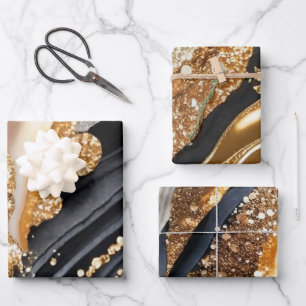 Aquarell Schwarz & Gold Glitter Agat Alkohol Tinte Geschenkpapier Set