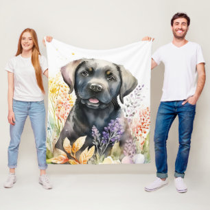 Aquarell Schwarz Labrador Retriever und Blumen Fleecedecke