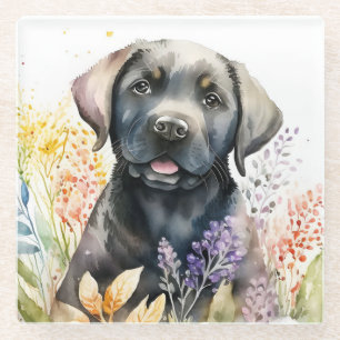 Aquarell Schwarz Labrador Retriever und Blumen Glasuntersetzer