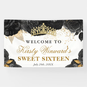 Aquarell Schwarz und Gold Blumen Sweet 16 Banner