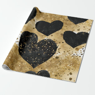 Aquarell Schwarz- und Goldtinte Valentinstag-Herze Geschenkpapier