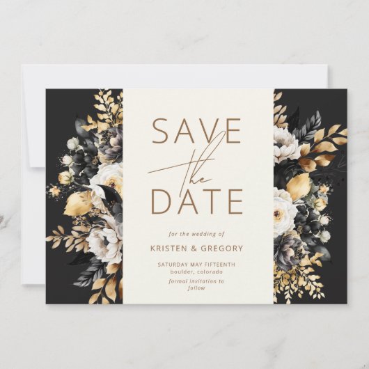 Aquarell Schwarz-weiß Gold Floral Save the Date Einladung (Vorderseite)