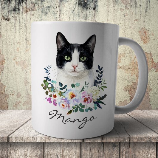 Aquarell Schwarz-Weiß-Katze Kaffeetasse