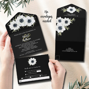 Aquarell Schwarz-Weiße Florale Hochzeit All In One Einladung