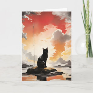 Aquarell schwarze Katze auf einem Felsen-Portrait Karte