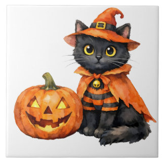 Aquarell schwarze Katze in Halloween-Kostüm Fliese
