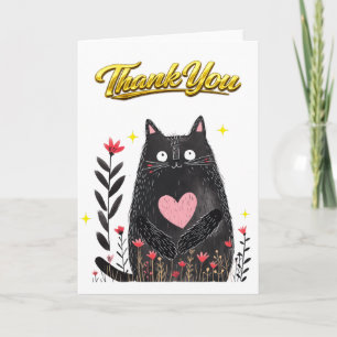 Aquarell Schwarze Katze mit Herz Danke Karte