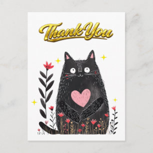 Aquarell Schwarze Katze mit Herz Danke Postkarte
