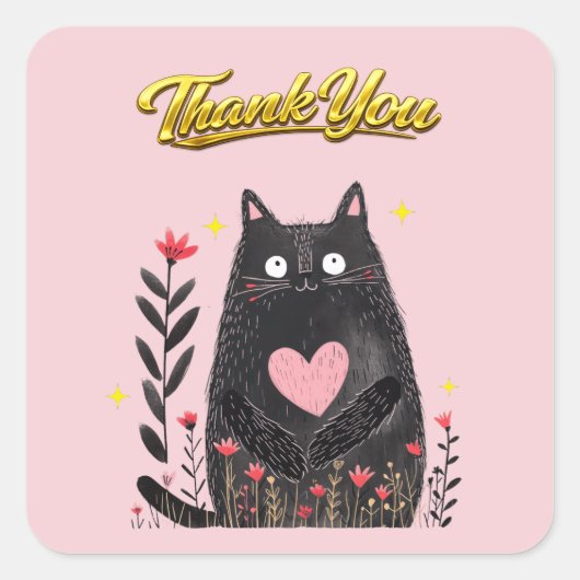 Aquarell Schwarze Katze mit Herz Danke Quadratischer Aufkleber (Vorderseite)