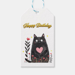 Aquarell Schwarze Katze Rosa Herz Geburtstag Geschenkanhänger