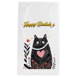 Aquarell Schwarze Katze Rosa Herz Geburtstag Kleine Geschenktüte