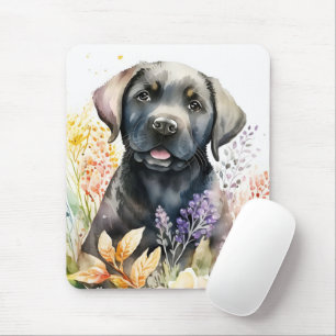 Aquarell schwarzer Labrador Retriever und Blumen Mousepad