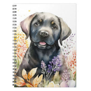 Aquarell Schwarzer Labrador Retriever und Blumen Notizblock