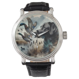 Aquarell Schwarzer Labrador und Enten Armbanduhr