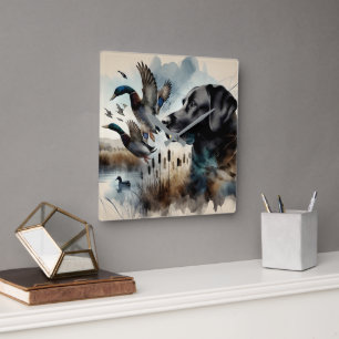 Aquarell Schwarzer Labrador und Enten Quadratische Wanduhr