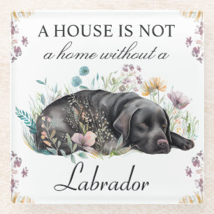 Aquarell Schwarzer Labrador und Sommerblumen Glasuntersetzer