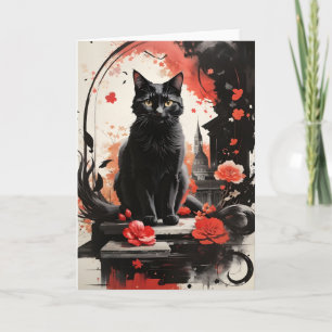 Aquarell Schwarzkatze Spritzkunst Blumen Leer Karte