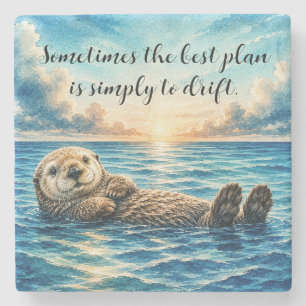 Aquarell schwimmender Seeotter mit Zitat Steinuntersetzer