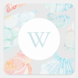 Aquarell Seashell Monogram Classic SquareSticker Quadratischer Aufkleber