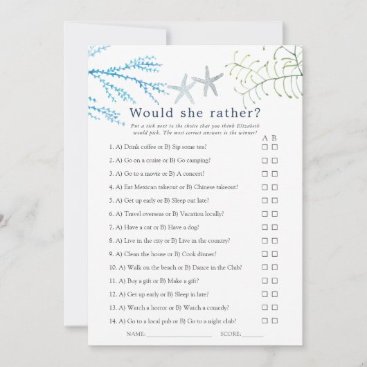 Aquarell Seaweed Beach Themed Bridal Game (Vorderseite)