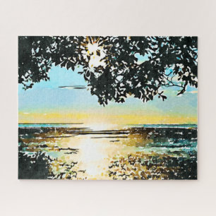 Aquarell-Seelandschaft Sonnenaufgang Puzzle