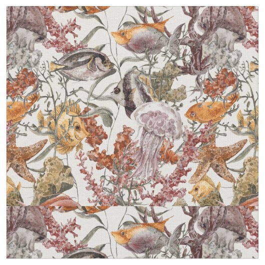 Aquarell-Seeleben-Muster 2 Stoff (Nahaufnahme)