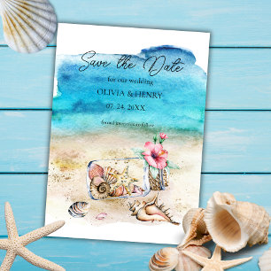 Aquarell Seestern & Muscheln Strandhochzeit Save The Date