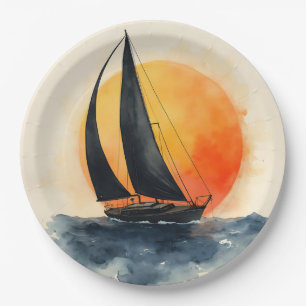 Aquarell-Segelboot bei Sonnenuntergang Pappteller