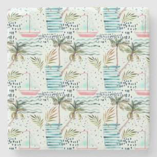 Aquarell-Segelboot mit Palme-Muster Steinuntersetzer