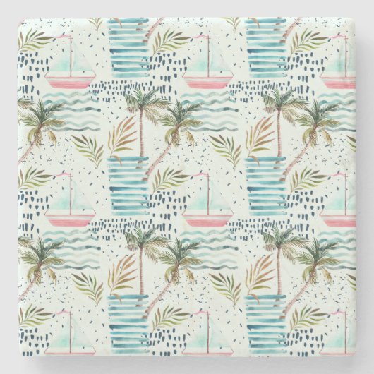 Aquarell-Segelboot mit Palme-Muster Steinuntersetzer (Vorderseite)