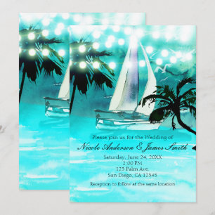 Aquarell-Segelboot Palmen & Lichterkette Einladung
