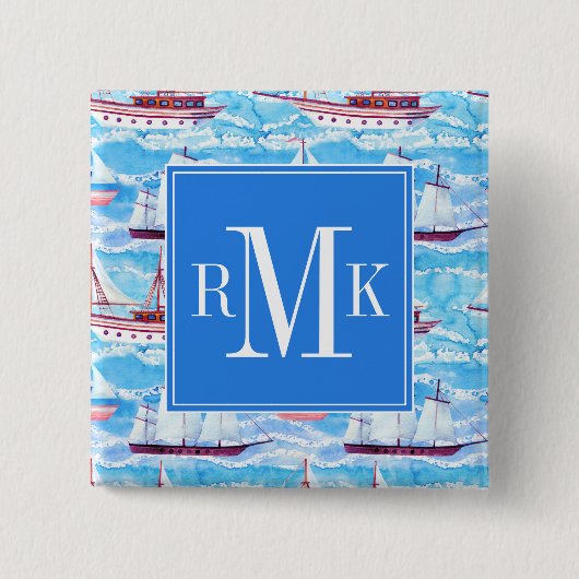 Aquarell-Segelschiff-Muster Button (Vorderseite)