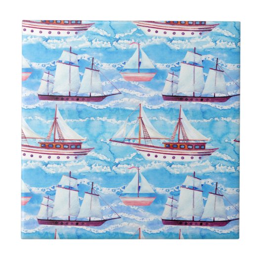 Aquarell-Segelschiff-Muster Fliese (Vorderseite)