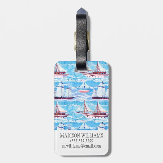 Aquarell-Segelschiff-Muster Gepäckanhänger (Rückseite vertikal)
