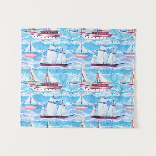 Aquarell-Segelschiff-Muster Wandteppich (Vorderseite (Horizontal))