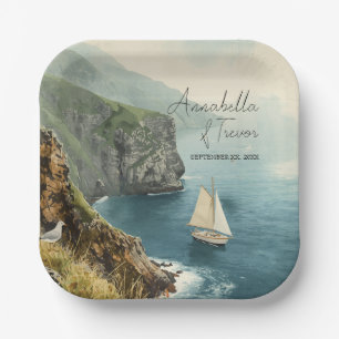 Aquarell-Segelschiff und Küstenklippen Benutzerdef Pappteller