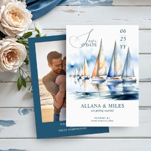 Aquarell-Segelschiffe und Foto-Küstenhochzeit Save The Date
