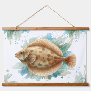 Aquarell-Serie: Flunder/Plattfisch Wandteppich Mit Holzrahmen