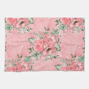Aquarell Shabby Chic rosa Rosen und Punkte Geschirrtuch