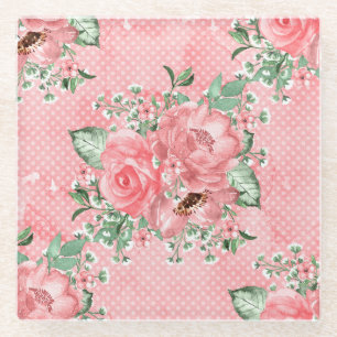 Aquarell Shabby Chic rosa Rosen und Punkte Glasuntersetzer