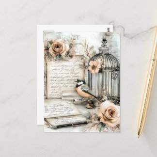Aquarell Shabby Chic Vogel & Käfig Postkarte